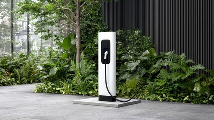 Modern electric vehicle charging station in a lush green garden setting.