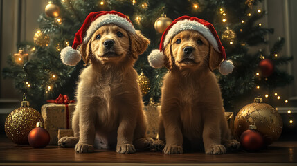 Two puppies in red Santa hats sitting near the Christmas tree, New Year illustration.