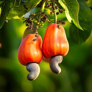 Cashew hanging on tree, nature's beauty and tropical fruit, organic farming and healthy snacks
