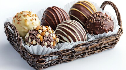 Assorted gourmet chocolate truffles in a wicker basket.