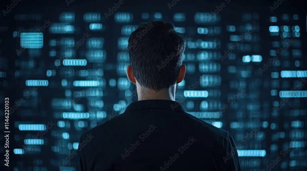 Poster Man Facing Digital Data Stream Blur Background