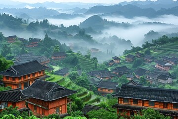 Fototapeta premium Scenic view of traditional houses in lush green hills during early morning mist in a mountainous landscape
