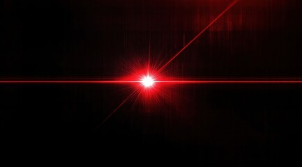 Red laser beam light rays with lens flare on a black background
