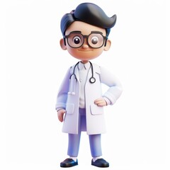A friendly cartoon doctor in a white lab coat, with a stethoscope, stands confidently with his hand on his hip, against a white background.
