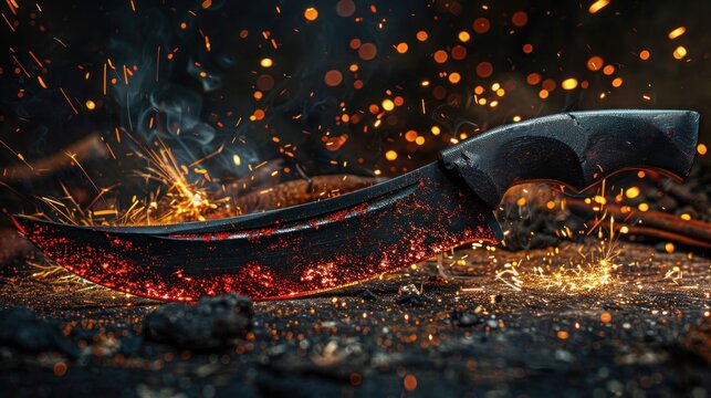 A Keris Knife with a black carbon holder, black blade and red tip on a dark background,
