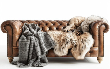 Obraz premium Aniline Leather Sofa Adorned with Faux Fur Throw on white background.PNG