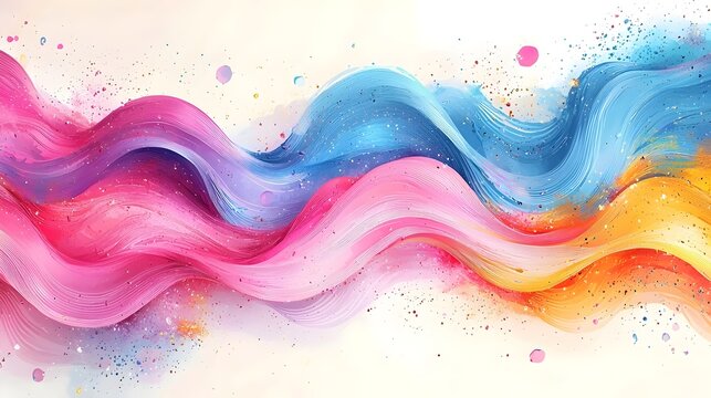A vibrant abstract painting featuring flowing waves of pink, blue, and orange, creating a dynamic and energetic atmosphere full of color and movement.