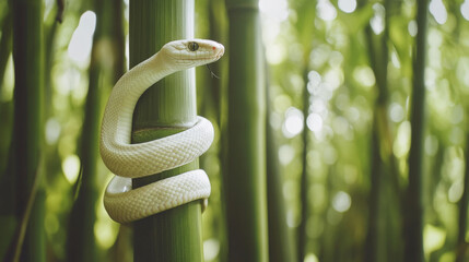 A white snake coiled around a fresh green bamboo stalk