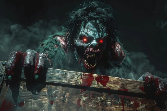 Dark creature emerging from a mysterious wooden crate in a foggy setting at night