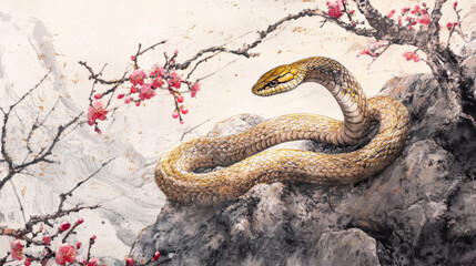 A minimal depiction of a snake using bold fluid ink strokes