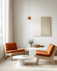 Minimalist, japandi home interior design of modern living room. Bright room with bold orange, white and terra cotta cushioned chairs, clean white table and abstract decor elements.