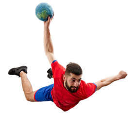 Dynamic image of young bearded man in red and blue uniform, handball player in motion with ball isolated on transparent background. Concept of professional sport, game, competition, active lifestyle