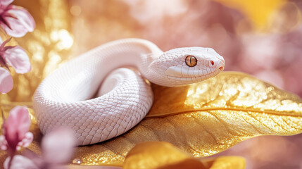 Fototapeta premium A pristine white snake lying atop a golden leaf