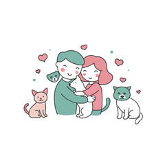 cat pets care hug hand lover flat modern mascot logo icon vector Hand Drawn Illustration Isolated On Transparent Background