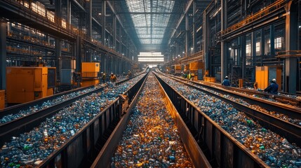 Fototapeta premium A recycling plant sorting and processing plastic waste, with conveyor belts carrying bottles to shredders and workers sorting materials by type. The atmosphere is one of purpose and urgency. 