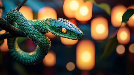 Fototapeta premium A sleek emerald green snake with glowing scales