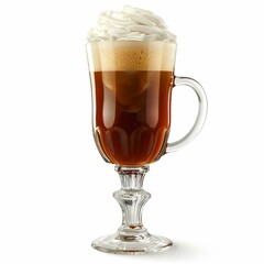 Creamy irish coffee topped with whipped cream, served in an elegant stemmed glass on a white background, perfect for coffee and dessert lovers