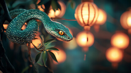 Fototapeta premium A sleek emerald green snake with glowing scales