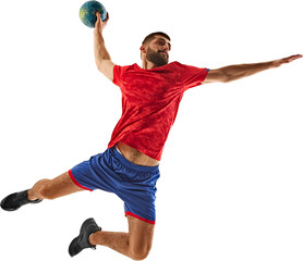 Competitive young bearded man, handball player in red and blue uniform, throwing ball, isolated on transparent background. Concept of professional sport, game, competition, active lifestyle