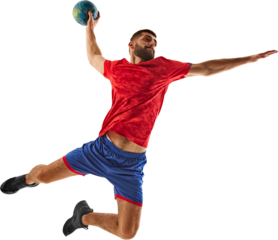 Competitive young bearded man, handball player in red and blue uniform, throwing ball, isolated on transparent background. Concept of professional sport, game, competition, active lifestyle
