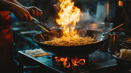 Chef stir-fries noodles in a wok with flames.