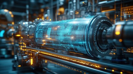 Fototapeta premium A renewable energy lab where engineers test advanced battery storage systems, surrounded by holographic displays and futuristic equipment. The bright, innovative space emphasizes sustainable 