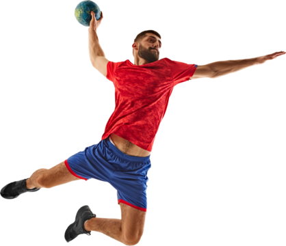 Competitive young bearded man, handball player in red and blue uniform, throwing ball, isolated on transparent background. Concept of professional sport, game, competition, active lifestyle