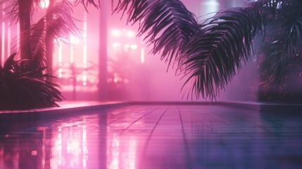 Neon-lit poolside at night, palm fronds framing the scene.