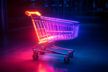 Metal shopping cart with neon glow on dark background. Shopping concept, online shopping and black friday.