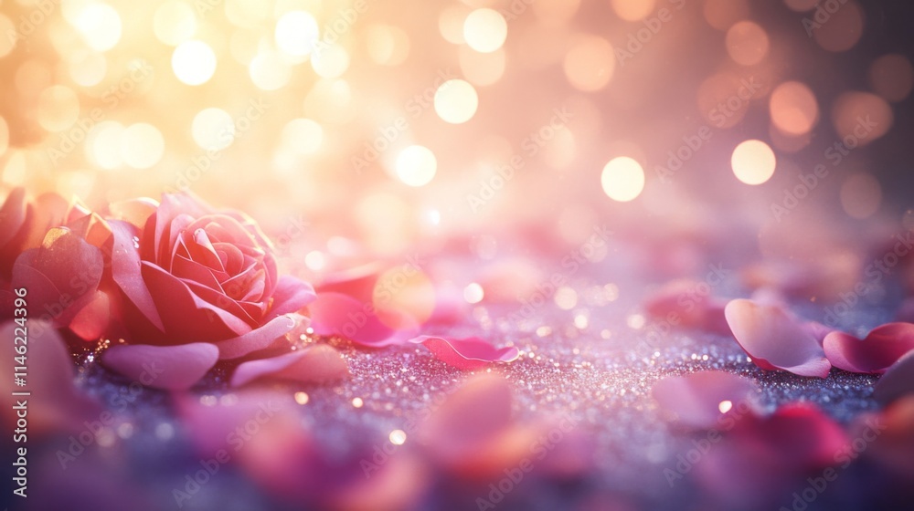 Poster Softly illuminated pink roses lay on a surface scattered with petals, creating an enchanting atmosphere filled with warm bokeh lights, evoking feelings of romance and tranquility.