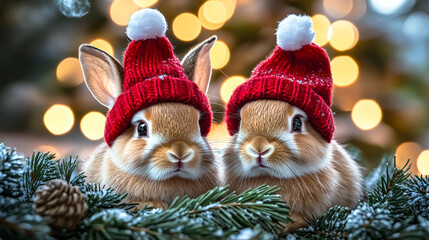 Obraz premium Two rabbits in red hats, spruce branches, New Year illustration.