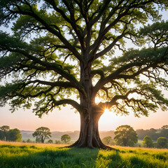 Obraz premium a large tree in a field with the sun setting behind it