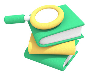 3d magnifying glass and stack of books yellow isolated on transparent background, PNG