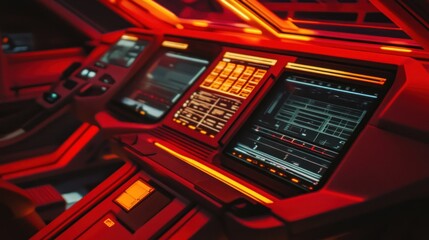 Obraz premium Futuristic red vehicle control panel with digital displays and interfaces.
