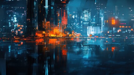 Futuristic city skyline reflected in dark water at night.