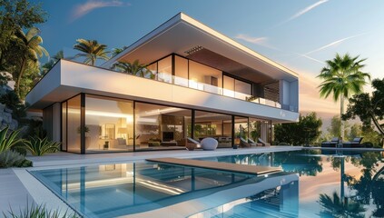 Obraz premium Contemporary luxury home exterior with swimming pool and lounge chairs at dusk