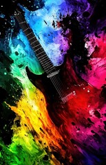 Generative AI creates a unique design of an electric guitar with colorful bursts.