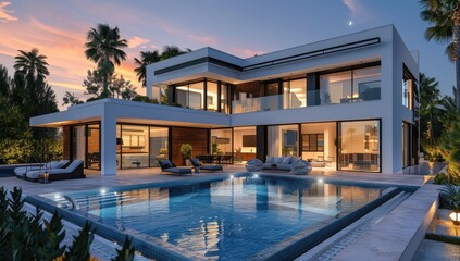 Fototapeta premium Contemporary luxury home exterior with swimming pool and lounge chairs at dusk