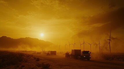 A sprawling wind turbine installation site with workers assembling massive blades, the towering turbines casting long shadows under a golden sunset. Trucks transport turbine components across 