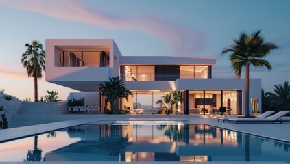 Contemporary luxury home exterior with swimming pool and lounge chairs at dusk