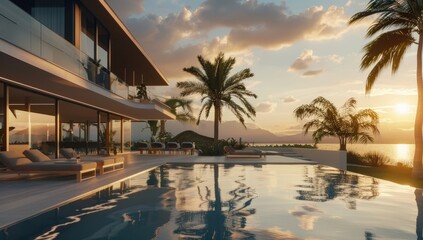 Contemporary luxury home exterior with swimming pool and lounge chairs at dusk