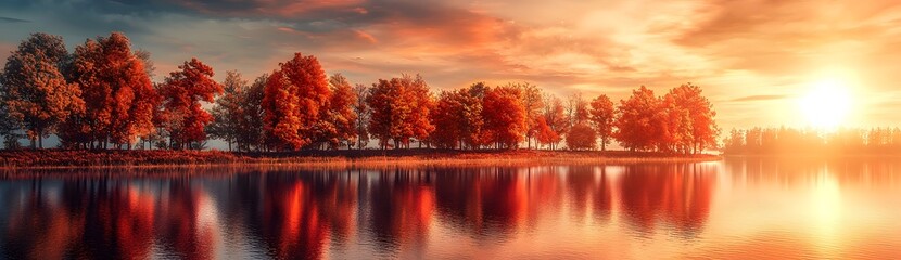 Obraz premium Beautiful autumn red trees in row on the lake at sunset. Panoramic view with reflection of water surface. Breathtaking landscape with orange sky and sun rays.