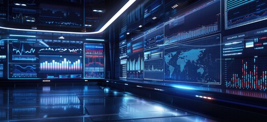 Obraz premium High-tech control room with monitors displaying graphs and various data