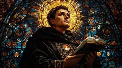 Saint Thomas Aquinas portrayed in a breathtaking stained-glass artwork, holding a quill with a glowing sunburst halo, radiant gold and deep blue geometric patterns framing the divine ambiance,