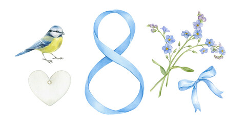 Figure eight made of ribbon, spring flowers, bird, heart, a collection of illustrations for spring compositions.