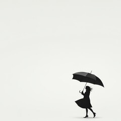 Dramatic Silhouette of Person Holding Large Umbrella in Windy Pose Against Blank Canvas - Photorealistic Concept Art