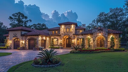 Obraz premium an opulent residence facade, boasting a vibrant lawn and a decorative pathway leading to a grand porch entrance, setting the stage for an extravagant lifestyle.