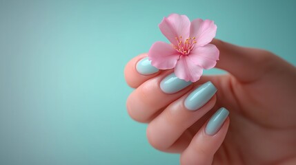 Beautiful hand with light blue nails holding a delicate pink flower