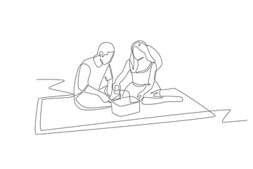 Couple on a picnic. Picnicking outdoors concept one-line drawing