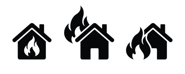 House on fire icons. Home fire symbol icon vector. House building in flames illustration sign. Insurance symbol.